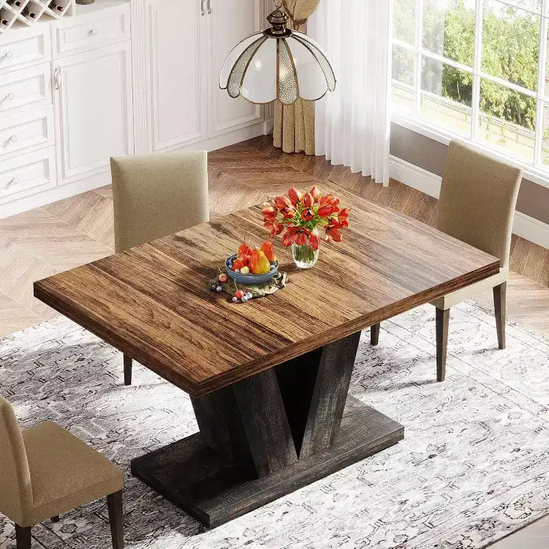 Grande table de salle à manger rectangulaire Okak Farmhouse avec base à piédestal robuste, table de cuisine minimaliste pour salle à manger, coin petit-déjeuner