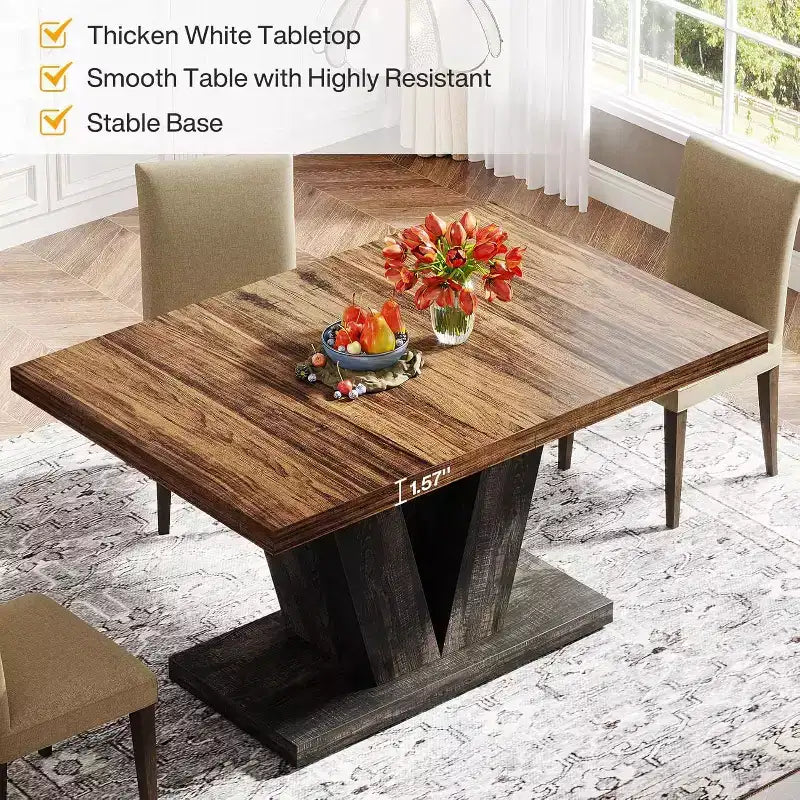 Grande table de salle à manger rectangulaire Okak Farmhouse avec base à piédestal robuste, table de cuisine minimaliste pour salle à manger, coin petit-déjeuner