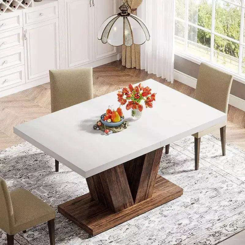 Grande table de salle à manger rectangulaire Okak Farmhouse avec base à piédestal robuste, table de cuisine minimaliste pour salle à manger, coin petit-déjeuner