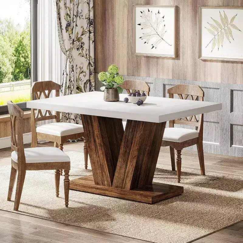 Grande table de salle à manger rectangulaire Okak Farmhouse avec base à piédestal robuste, table de cuisine minimaliste pour salle à manger, coin petit-déjeuner