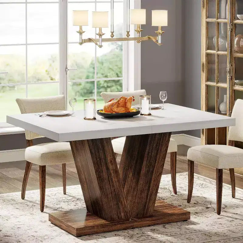 Grande table de salle à manger rectangulaire Okak Farmhouse avec base à piédestal robuste, table de cuisine minimaliste pour salle à manger, coin petit-déjeuner