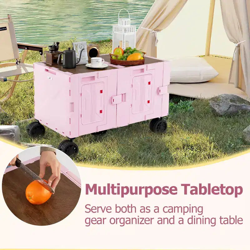 Chariot de rangement pliable Costway avec 2 caisses de rangement et 5 roues rotatives, en métal noir/rose/blanc