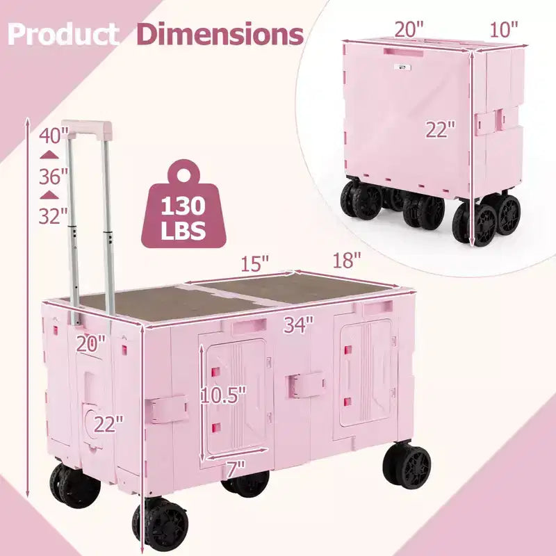Chariot de rangement pliable Costway avec 2 caisses de rangement et 5 roues rotatives, en métal noir/rose/blanc