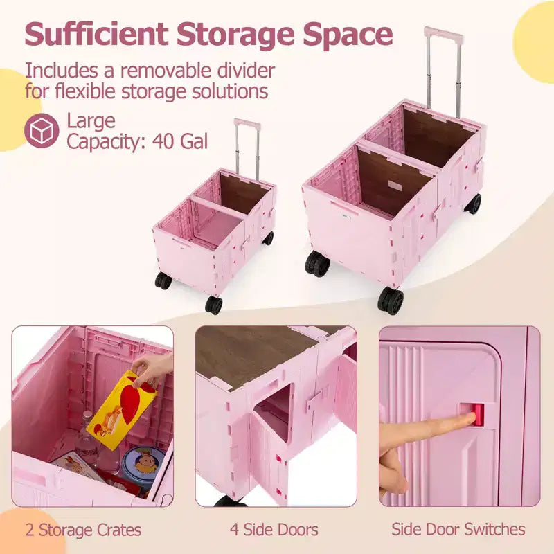 Chariot de rangement pliable Costway avec 2 caisses de rangement et 5 roues rotatives, en métal noir/rose/blanc