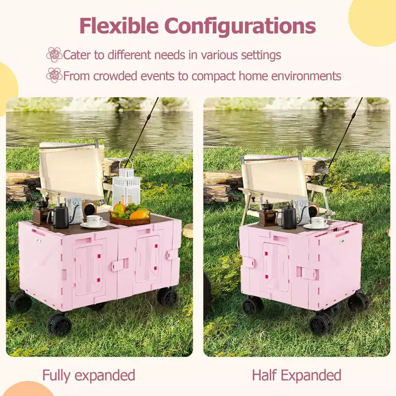 Chariot de rangement pliable Costway avec 2 caisses de rangement et 5 roues rotatives, en métal noir/rose/blanc