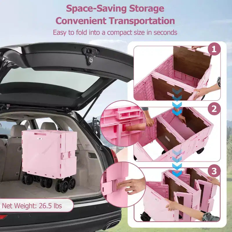 Chariot de rangement pliable Costway avec 2 caisses de rangement et 5 roues rotatives, en métal noir/rose/blanc