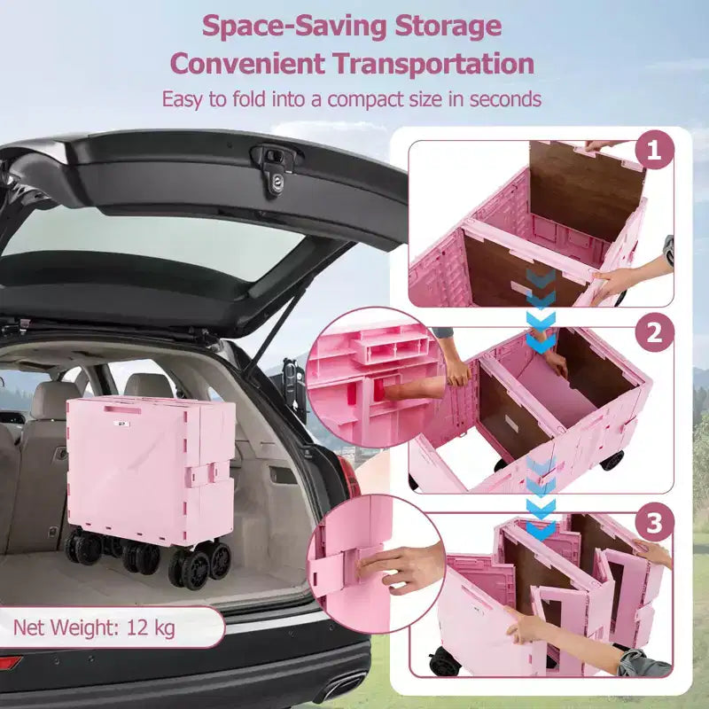 Chariot de rangement pliable Costway avec 2 caisses de rangement et 5 roues rotatives, en métal noir/rose/blanc