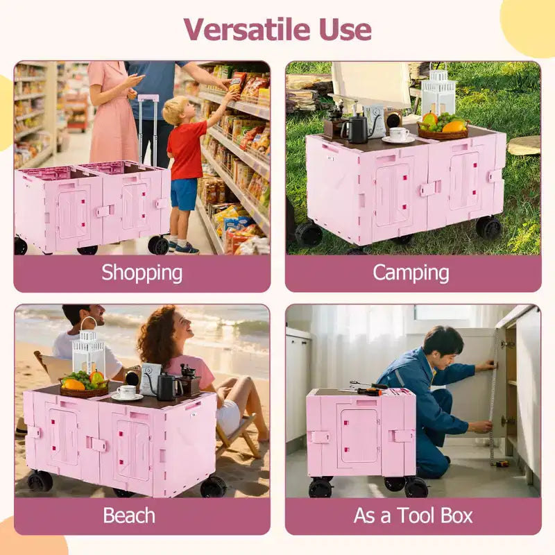 Chariot de rangement pliable Costway avec 2 caisses de rangement et 5 roues rotatives, en métal noir/rose/blanc