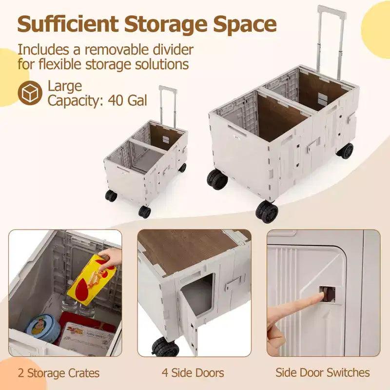 Chariot de rangement pliable Costway avec 2 caisses de rangement et 5 roues rotatives, en métal noir/rose/blanc
