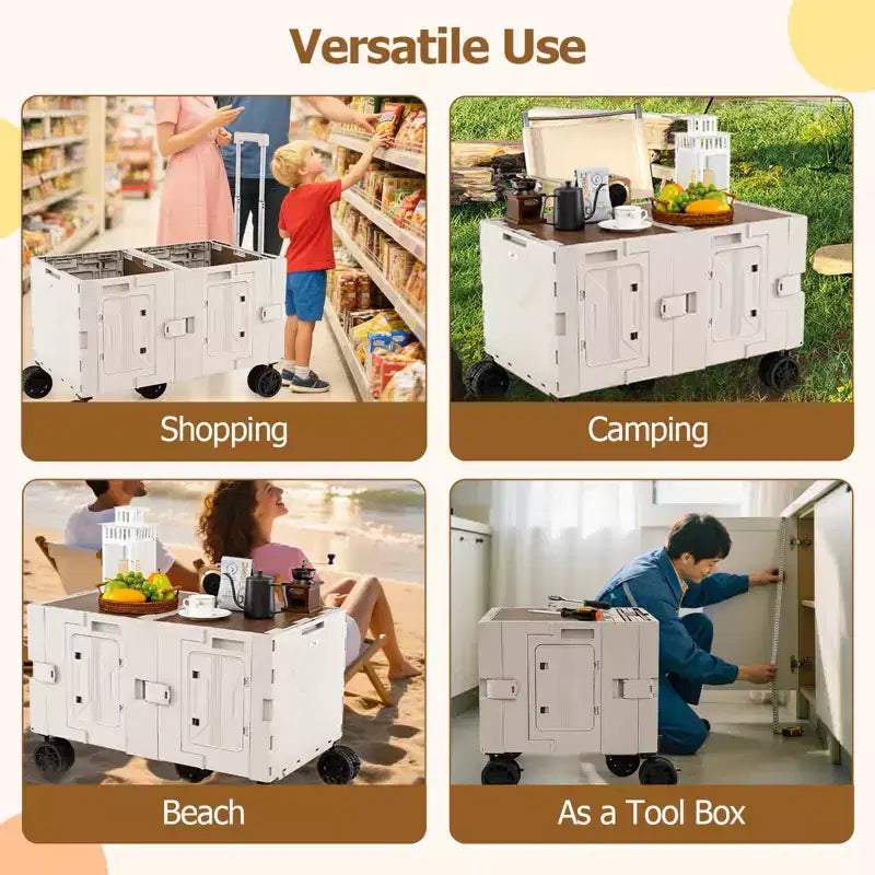 Chariot de rangement pliable Costway avec 2 caisses de rangement et 5 roues rotatives, en métal noir/rose/blanc