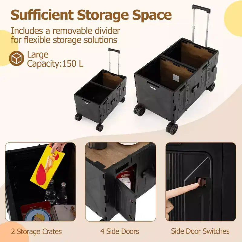 Chariot de rangement pliable Costway avec 2 caisses de rangement et 5 roues rotatives, en métal noir/rose/blanc