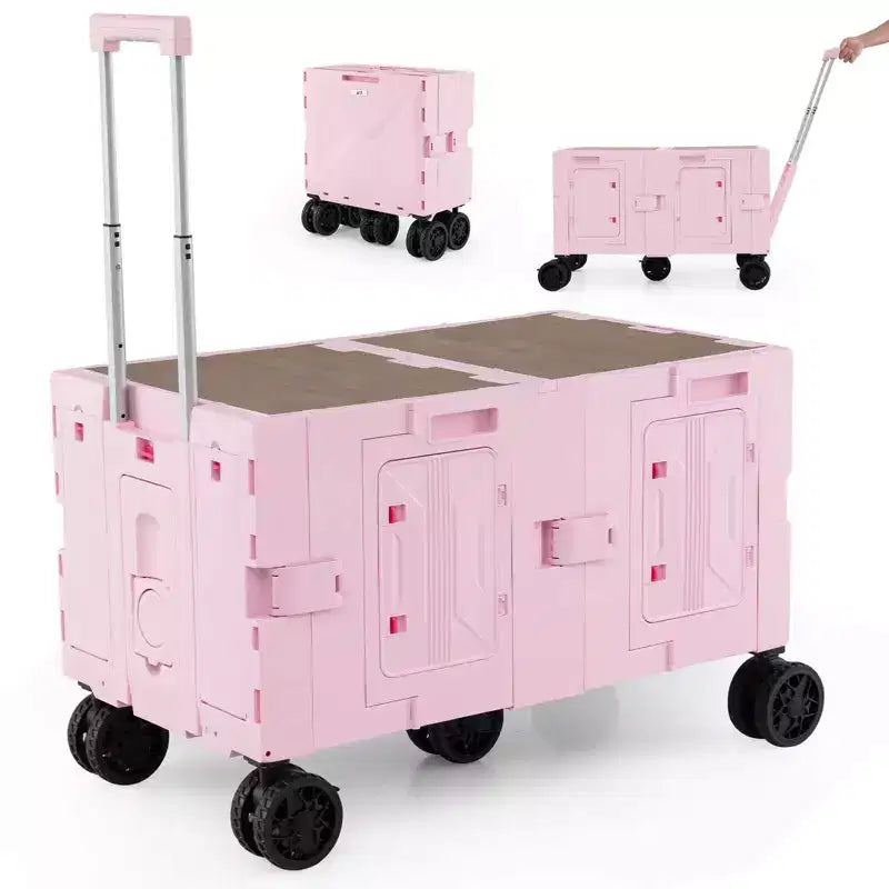 Chariot de rangement pliable Costway avec 2 caisses de rangement et 5 roues rotatives, en métal noir/rose/blanc