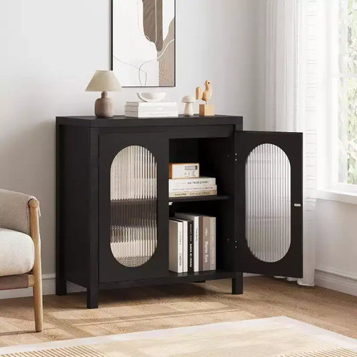 Meuble de bar à café de ferme de 30,1 po, buffet avec portes en verre cannelé, armoire de rangement de cuisine pour salle à manger et entrée, huche de rangement d'appoint noire