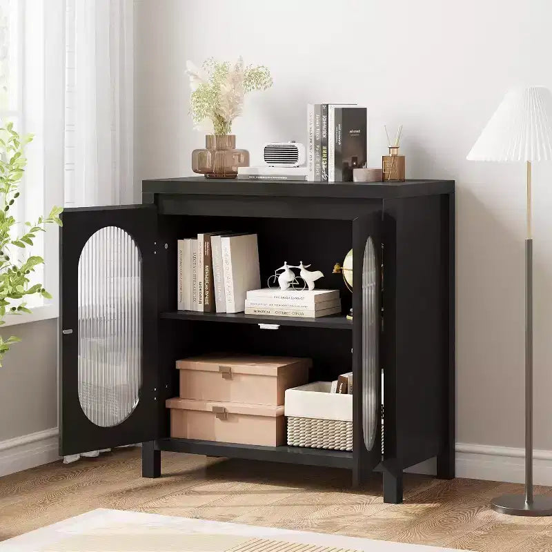 Meuble de bar à café de ferme de 30,1 po, buffet avec portes en verre cannelé, armoire de rangement de cuisine pour salle à manger et entrée, huche de rangement d'appoint noire