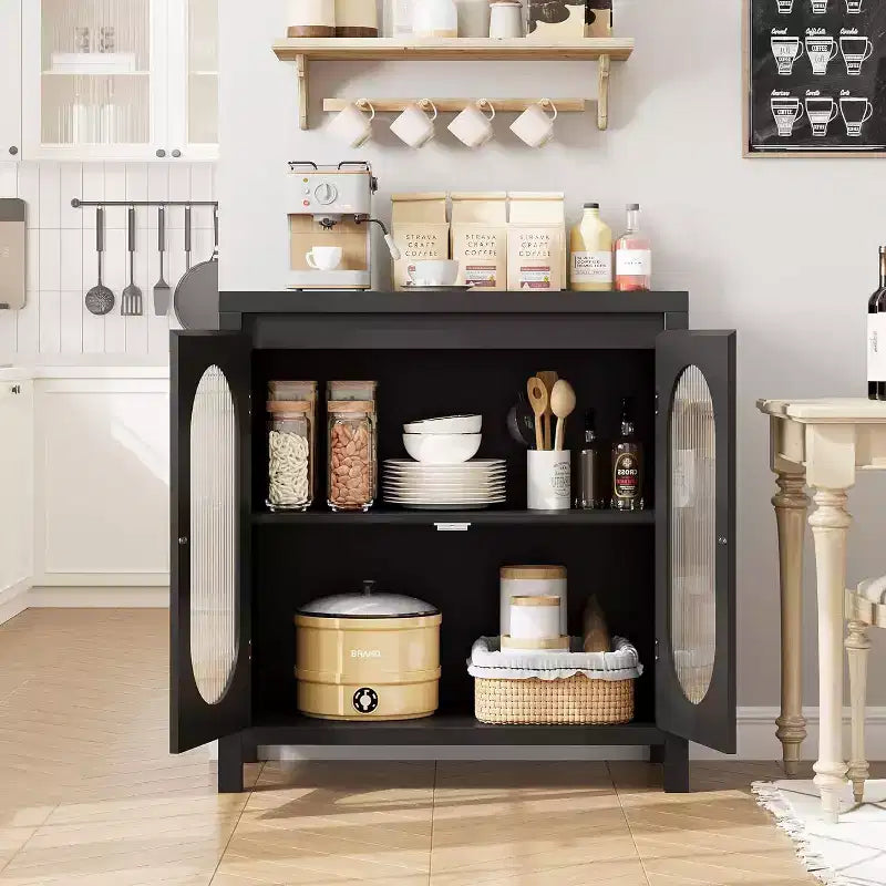 Meuble de bar à café de ferme de 30,1 po, buffet avec portes en verre cannelé, armoire de rangement de cuisine pour salle à manger et entrée, huche de rangement d'appoint noire