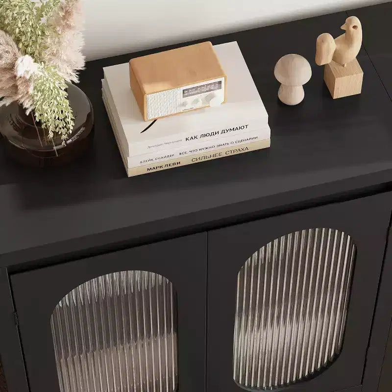 Meuble de bar à café de ferme de 30,1 po, buffet avec portes en verre cannelé, armoire de rangement de cuisine pour salle à manger et entrée, huche de rangement d'appoint noire