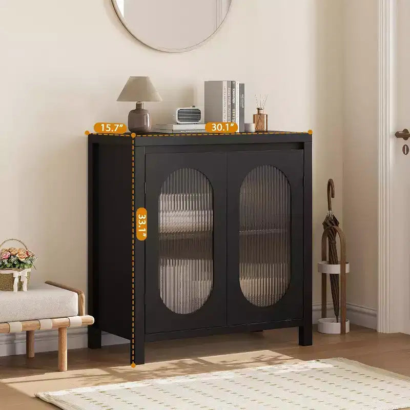 Meuble de bar à café de ferme de 30,1 po, buffet avec portes en verre cannelé, armoire de rangement de cuisine pour salle à manger et entrée, huche de rangement d'appoint noire