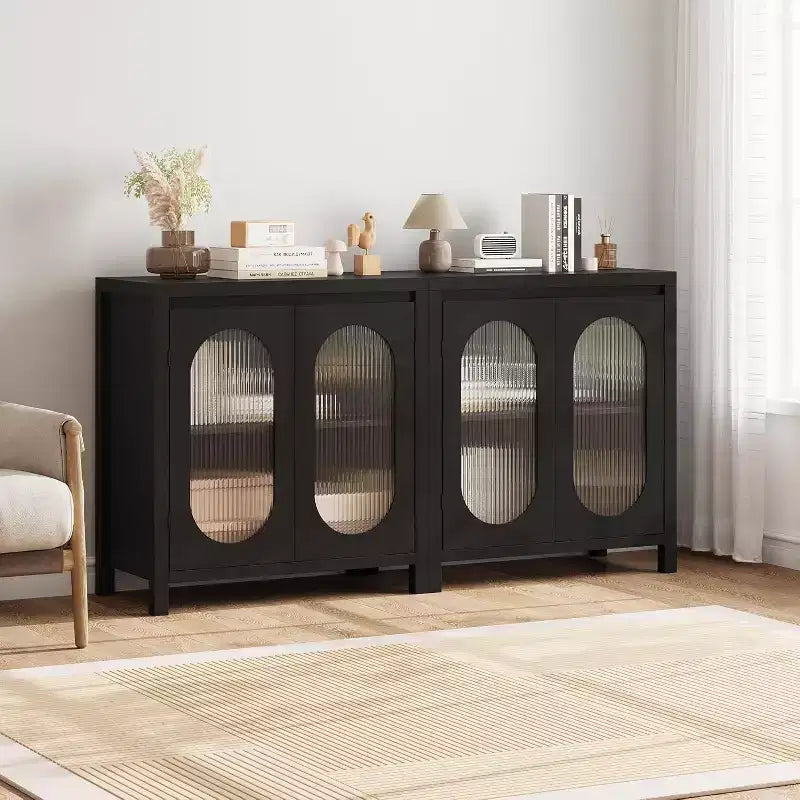 Meuble de bar à café de ferme de 30,1 po, buffet avec portes en verre cannelé, armoire de rangement de cuisine pour salle à manger et entrée, huche de rangement d'appoint noire