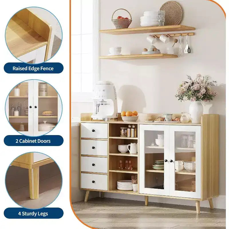 Bahut de ferme - Buffet de rangement à 2 portes vitrées avec étagères réglables pour salle à manger