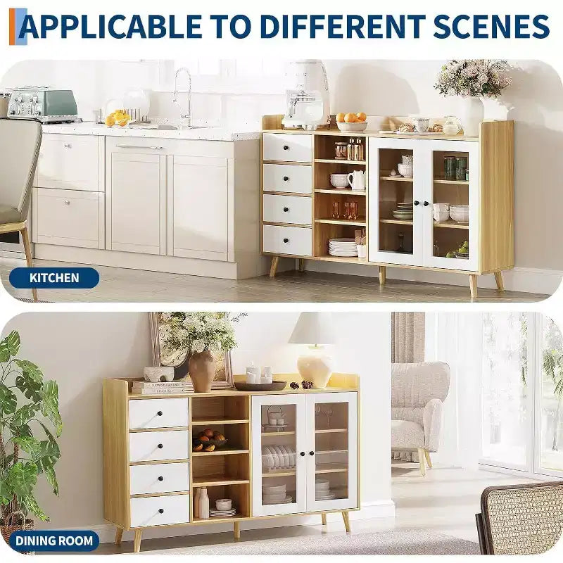 Bahut de ferme - Buffet de rangement à 2 portes vitrées avec étagères réglables pour salle à manger