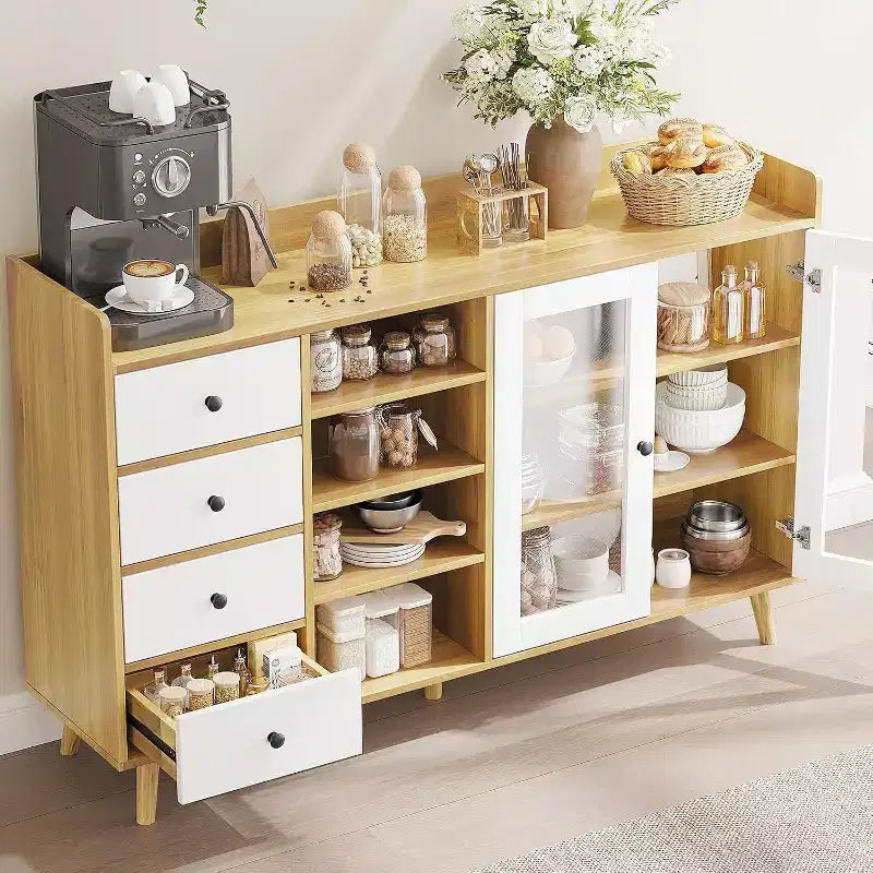 Bahut de ferme - Buffet de rangement à 2 portes vitrées avec étagères réglables pour salle à manger