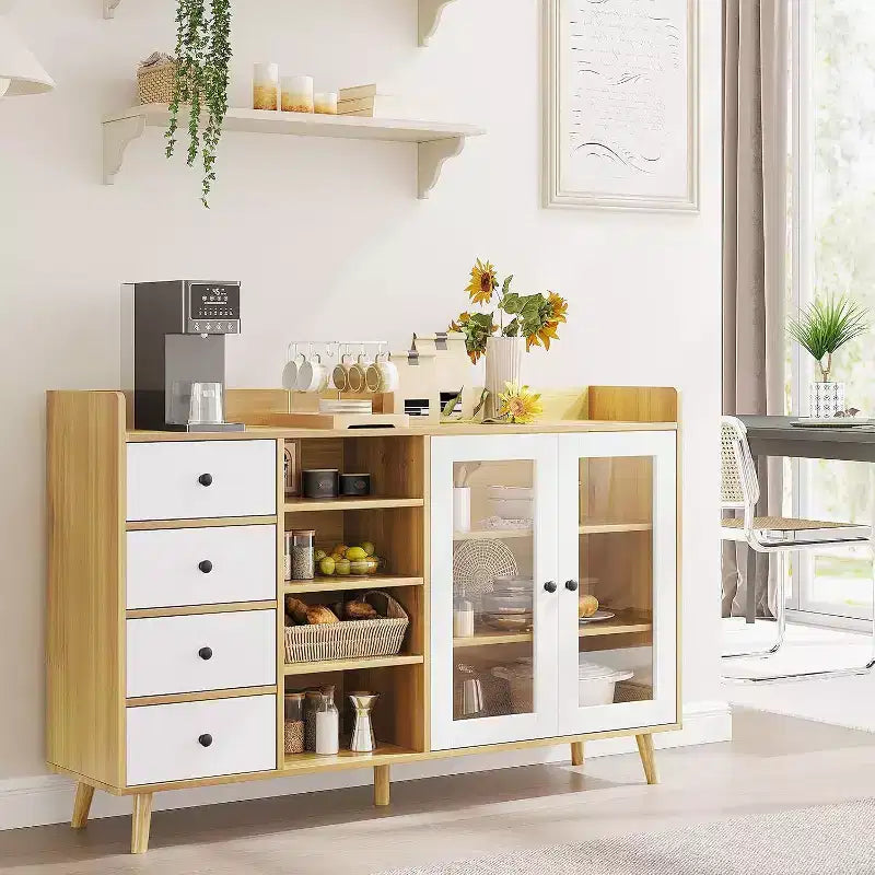 Bahut de ferme - Buffet de rangement à 2 portes vitrées avec étagères réglables pour salle à manger