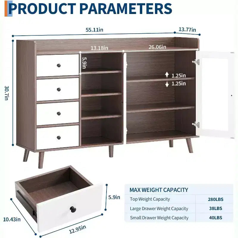 Bahut de ferme - Buffet de rangement à 2 portes vitrées avec étagères réglables pour salle à manger