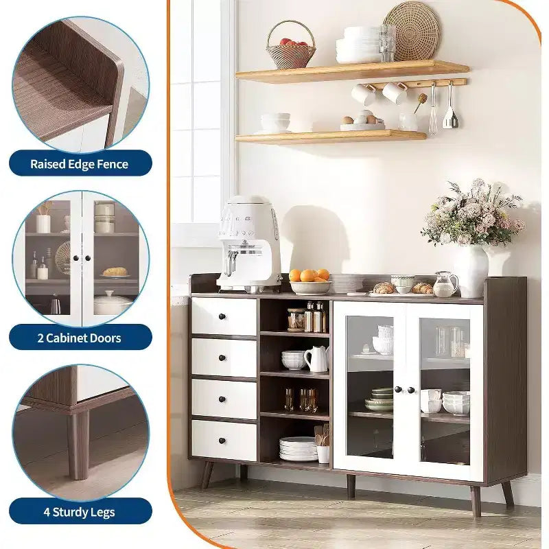 Bahut de ferme - Buffet de rangement à 2 portes vitrées avec étagères réglables pour salle à manger
