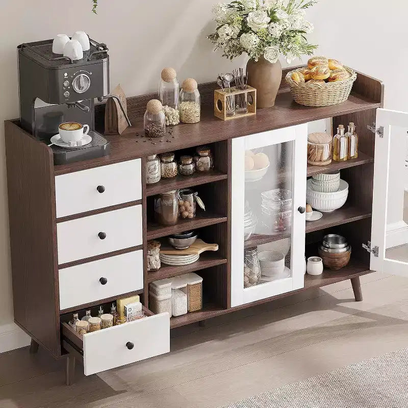 Bahut de ferme - Buffet de rangement à 2 portes vitrées avec étagères réglables pour salle à manger