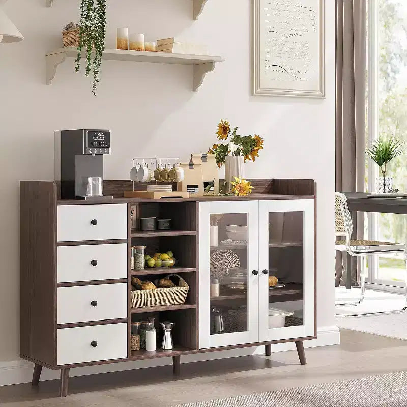Bahut de ferme - Buffet de rangement à 2 portes vitrées avec étagères réglables pour salle à manger