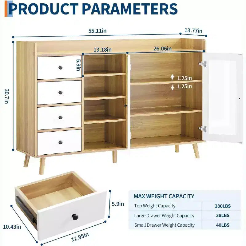 Bahut de ferme - Buffet de rangement à 2 portes vitrées avec étagères réglables pour salle à manger