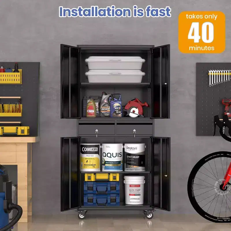 Armoire de rangement en métal, 73 pouces, pour garage, avec portes verrouillables et étagères réglables, armoire à outils robuste avec 2 tiroirs