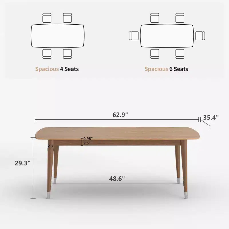 Gaoyangjiaju 62.9 Table de salle à manger moderne du milieu du siècle en bois - Table de cuisine rectangulaire avec coins arrondis et pieds fuselés à embouts métalliques - Accueille 4 à 6 personnes