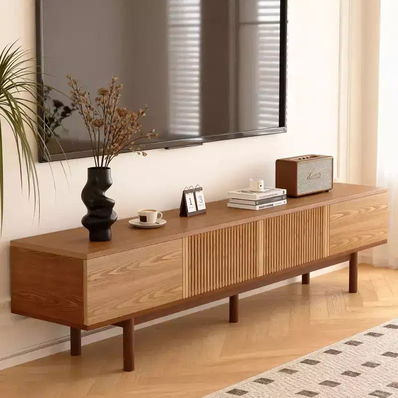 Gaoyangjiaju Meuble TV 86.6 en Bois Massif pour TV jusqu'à 90 - Console Médias Moderne du Milieu du Siècle Entièrement Assemblée avec Portes à Lattes