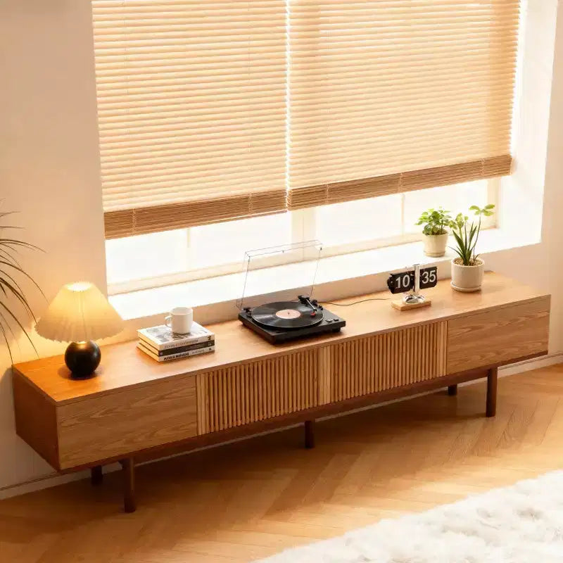 Gaoyangjiaju Meuble TV 86.6 en Bois Massif pour TV jusqu'à 90 - Console Médias Moderne du Milieu du Siècle Entièrement Assemblée avec Portes à Lattes
