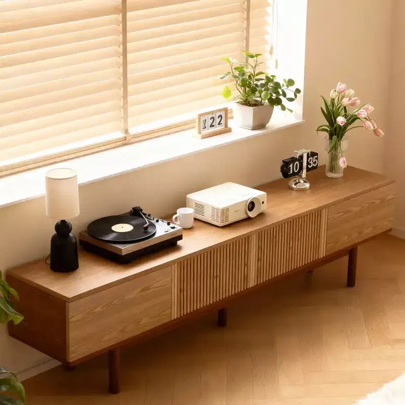 Gaoyangjiaju Meuble TV 86.6 en Bois Massif pour TV jusqu'à 90 - Console Médias Moderne du Milieu du Siècle Entièrement Assemblée avec Portes à Lattes