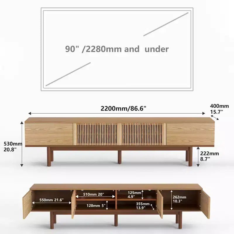 Gaoyangjiaju Meuble TV 86.6 en Bois Massif pour TV jusqu'à 90 - Console Médias Moderne du Milieu du Siècle Entièrement Assemblée avec Portes à Lattes
