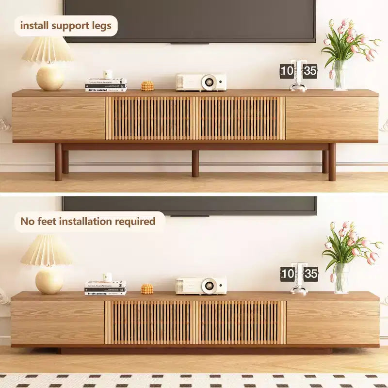 Gaoyangjiaju Meuble TV 86.6 en Bois Massif pour TV jusqu'à 90 - Console Médias Moderne du Milieu du Siècle Entièrement Assemblée avec Portes à Lattes