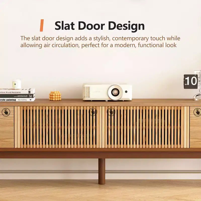 Gaoyangjiaju Meuble TV 86.6 en Bois Massif pour TV jusqu'à 90 - Console Médias Moderne du Milieu du Siècle Entièrement Assemblée avec Portes à Lattes