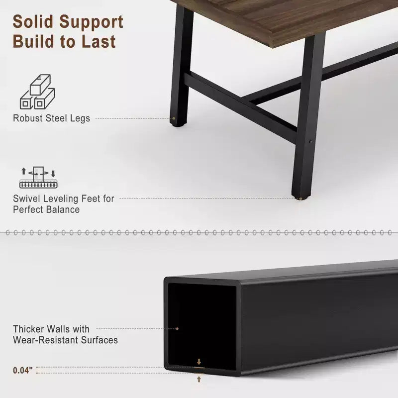 Grande table à manger rustique en bois de 63 po pour 6 personnes, table de cuisine rectangulaire de style industriel avec pieds robustes en métal noir pour le salon et la salle à manger