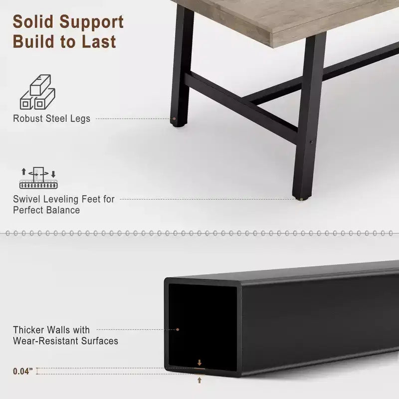 Grande table à manger rustique en bois de 63 po pour 6 personnes, table de cuisine rectangulaire de style industriel avec pieds robustes en métal noir pour le salon et la salle à manger