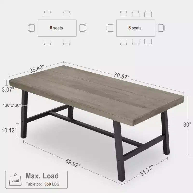 Grande table à manger rustique en bois de 63 po pour 6 personnes, table de cuisine rectangulaire de style industriel avec pieds robustes en métal noir pour le salon et la salle à manger