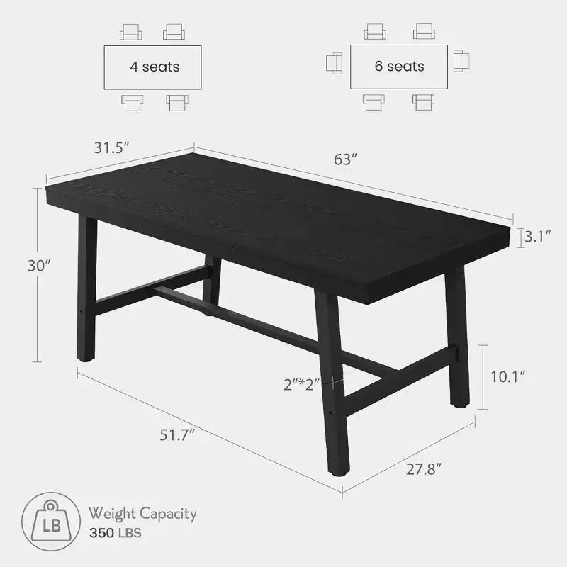 Grande table à manger rustique en bois de 63 po pour 6 personnes, table de cuisine rectangulaire de style industriel avec pieds robustes en métal noir pour le salon et la salle à manger
