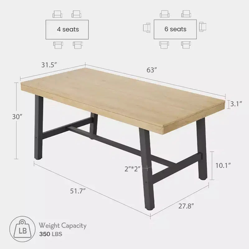 Grande table à manger rustique en bois de 63 po pour 6 personnes, table de cuisine rectangulaire de style industriel avec pieds robustes en métal noir pour le salon et la salle à manger