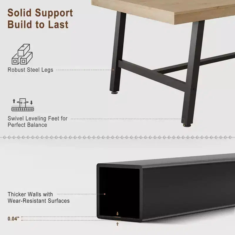 Grande table à manger rustique en bois de 63 po pour 6 personnes, table de cuisine rectangulaire de style industriel avec pieds robustes en métal noir pour le salon et la salle à manger