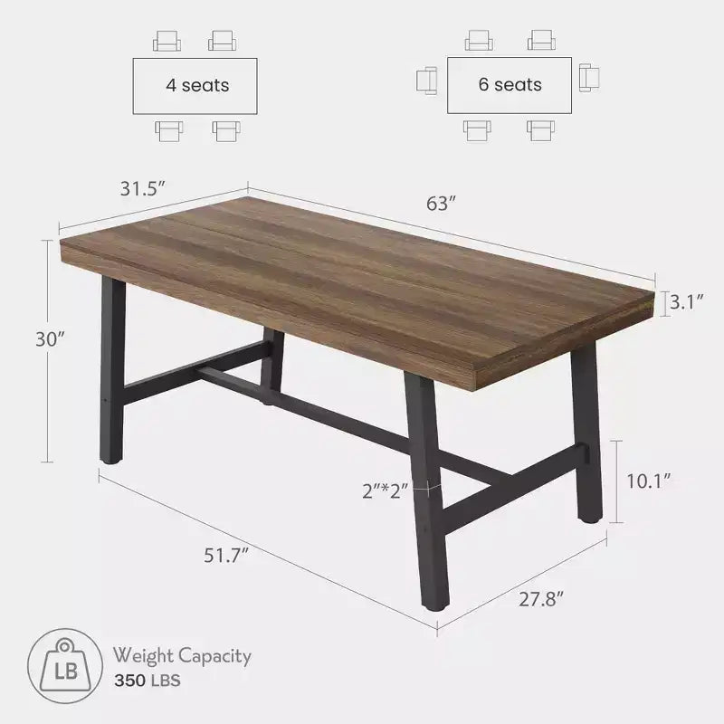 Grande table à manger rustique en bois de 63 po pour 6 personnes, table de cuisine rectangulaire de style industriel avec pieds robustes en métal noir pour le salon et la salle à manger