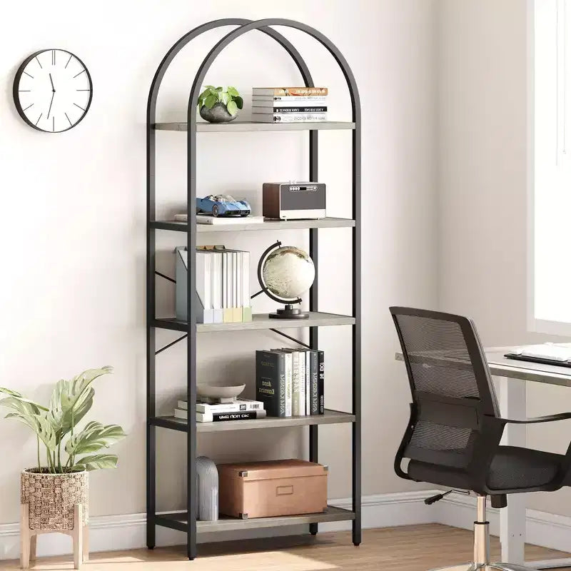 Coolmee Étagère bibliothèque 5 niveaux à arc, étagères d'affichage, bibliothèques hautes, étagère de rangement grande en bois pour chambre à coucher, salon, bureau