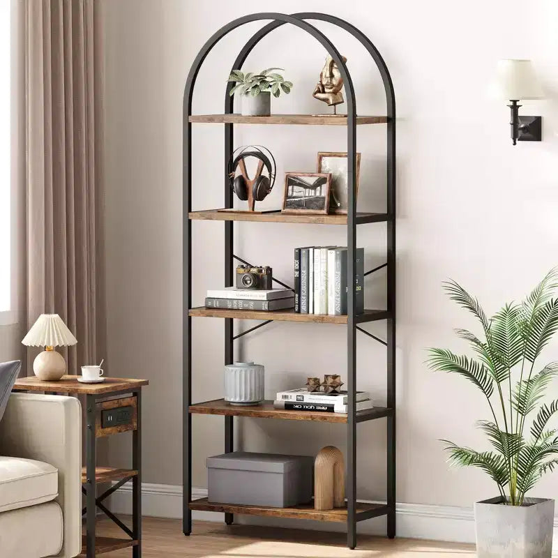 Coolmee Étagère bibliothèque 5 niveaux à arc, étagères d'affichage, bibliothèques hautes, étagère de rangement grande en bois pour chambre à coucher, salon, bureau