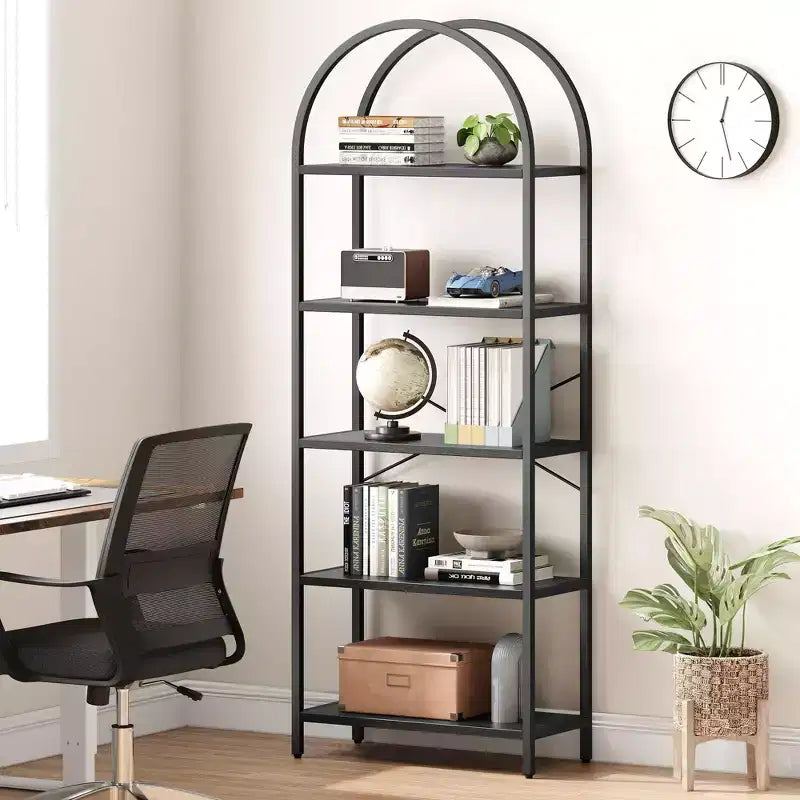 Coolmee Étagère bibliothèque 5 niveaux à arc, étagères d'affichage, bibliothèques hautes, étagère de rangement grande en bois pour chambre à coucher, salon, bureau