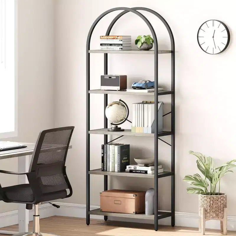 Coolmee Étagère bibliothèque 5 niveaux à arc, étagères d'affichage, bibliothèques hautes, étagère de rangement grande en bois pour chambre à coucher, salon, bureau
